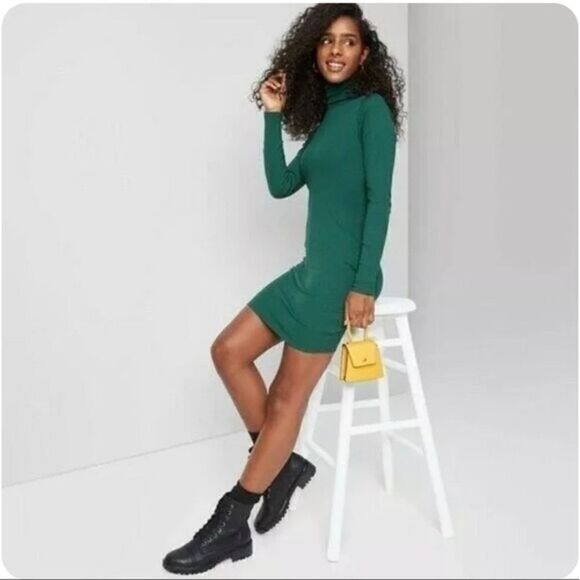 2/$30 Wild Fable Long Sleeve Turtleneck Dark Forest Green Mini Dress - Picture 1 of 7